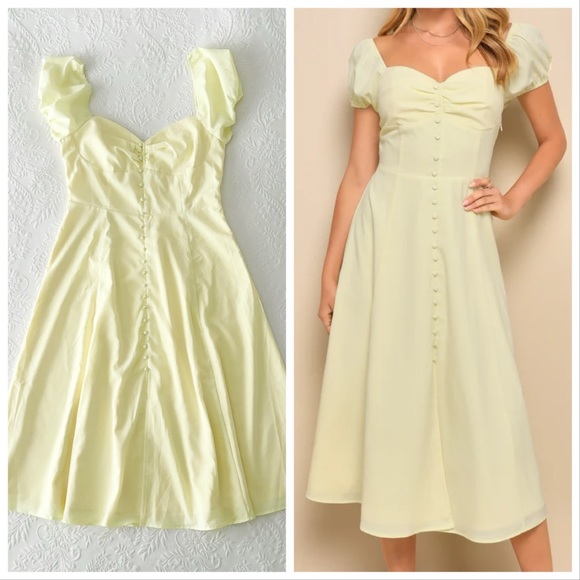 Lulus Dresses & Skirts - NWOT Lulus Charming Behavior Light Yellow Button-Front Midi Dress Large